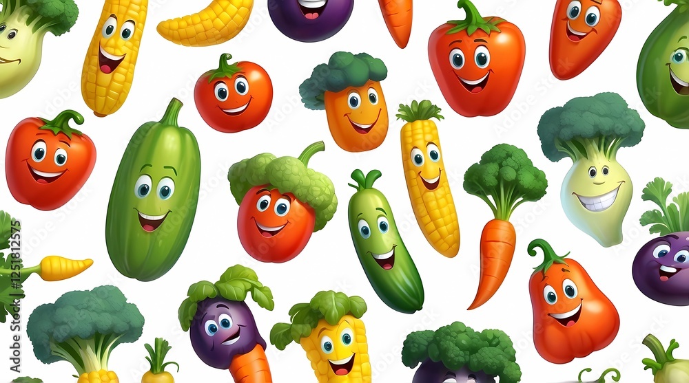 Fototapeta premium A cartoon of a smiling carrot is surrounded by other smiling vegetables