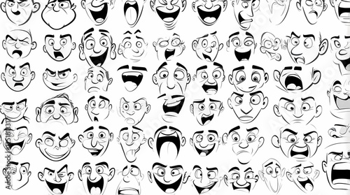 A collection of cartoon faces with a variety of expressions including smiles