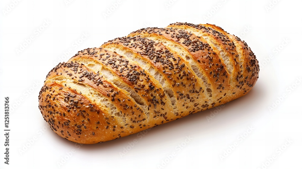 A loaf of golden brown bread with flax seeds on top, resting on a white surface. A loaf of golden brown bread with flax seeds on top, resting on a white surface.