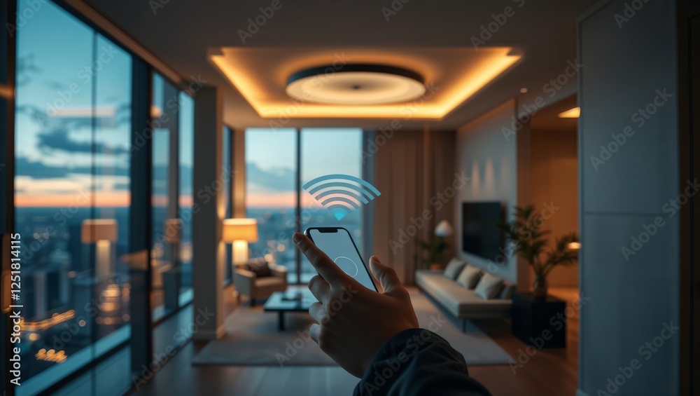 Smart Home Control. Hand holding a smartphone with wifi icon, controlling smart home devices.
