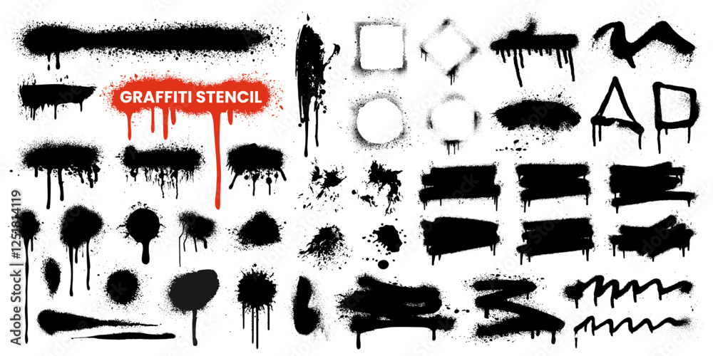 Set of black graffiti stencil, ink paint brush stroke, grunge texture, dirty urban street art, vector line, circle, splash, splatter, water drip, doodle spray, text banner background and frame. Brush.