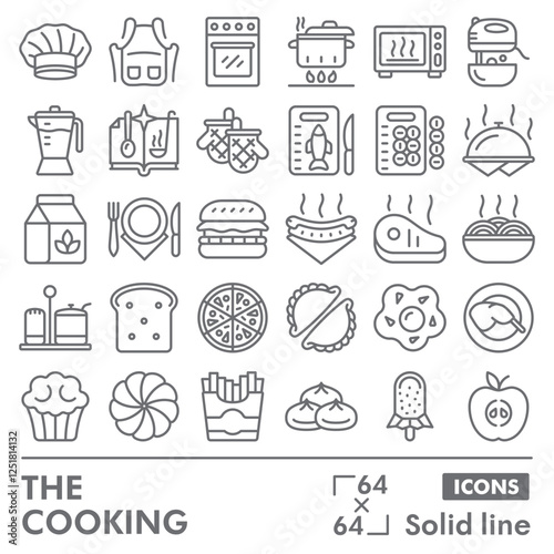 The cooking symbols collection or sketches. Cooking and bakery theme icons in linear style signs for web and app. Vector graphics isolated on white background.