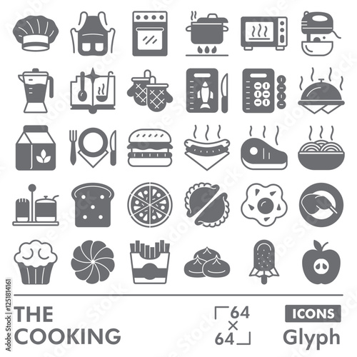 The cooking symbols collection or sketches. Cooking and bakery theme icons in glyph style signs for web and app. Vector graphics isolated on white background.