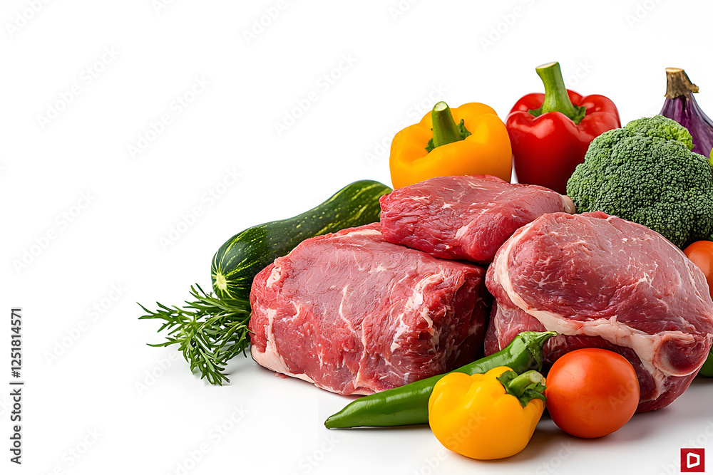 Fresh raw meat with vegetables isolated on white background Fresh raw meat with vegetables isolated on white background