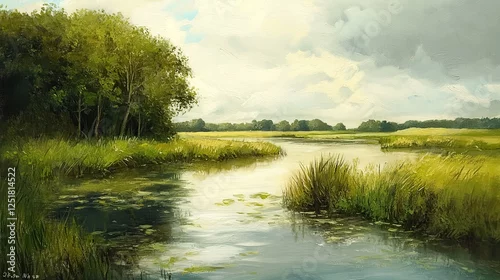 Naklejka Tranquil water scene with lush greenery marshlands oil painting natural environment serene viewpoint nature appreciation