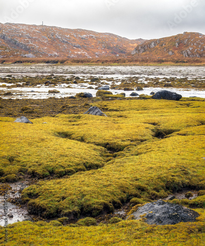 Low tide at Badnabay on the shore of Loch Laxford and at the NC500 in north-west Scotland.