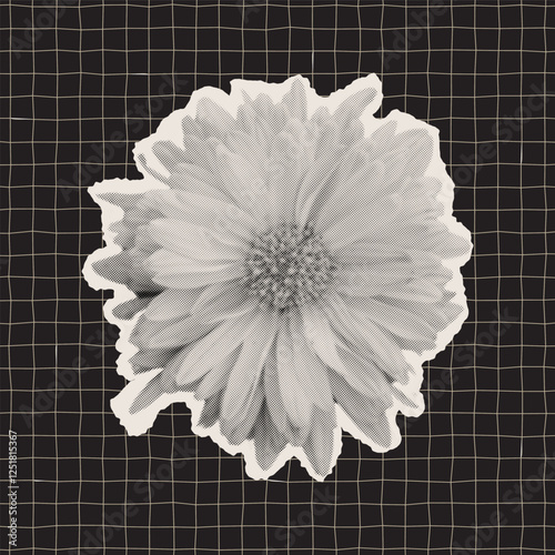 Trendy halftone collage Field flowers retro Stippling, dotwork pattern wild plants. Vintage Halftone Collage Elements. Decorative Pop Art Vector Illustration.
