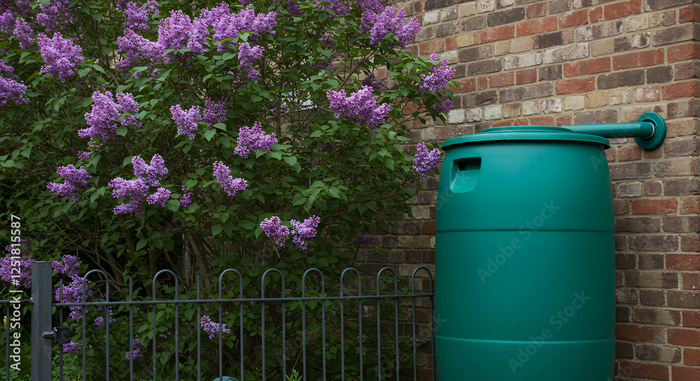 Lilac Bloom & Rain Barrel: Spring Garden Scene, Water Conservation & Floral Beauty. Eco-Friendly Gardening Tips.