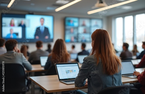 Students attend online lecture in modern classroom. Teacher on screen, distance learning. Connection, communication, collaboration via internet, laptop. Virtual education, hybrid academic seminar, photo