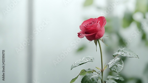 Wallpaper Mural Close-up of a single red rose with dew drops against a soft green blurred background, symbolizing beauty and growth. Torontodigital.ca