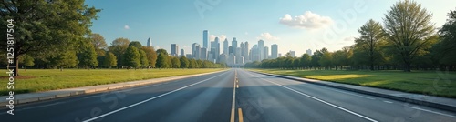 Endless asphalt road stretches toward city skyline with green trees. Scenic route gives perspective on urban transport. Image evokes travel. Perfect for infra projects. Ideal promo cityscape. Wide photo