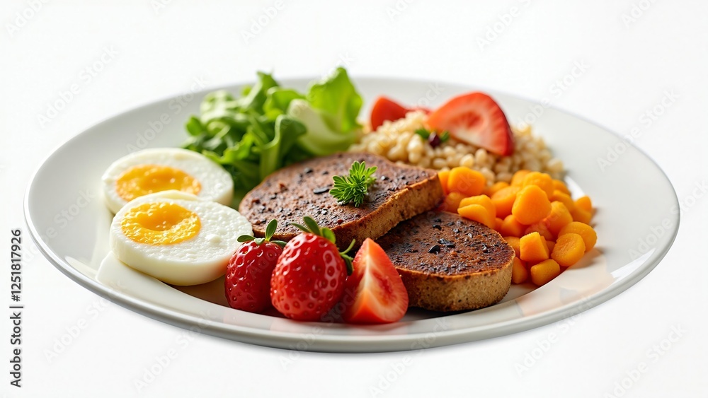 Healthy and Delicious Meal Plant-Based Patties, Boiled Eggs, Quinoa, and Fresh Berries Healthy and Delicious Meal Plant-Based Patties, Boiled Eggs, Quinoa, and Fresh Berries
