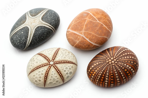 Four Decorative Painted Stones On White Backgrounds of Sea and Nature Design