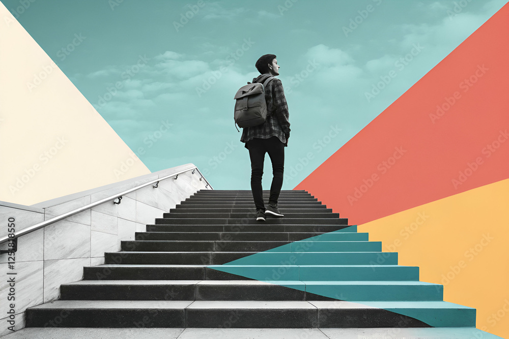 Man Walking Up Colorful Steps Inspiring Journey Man Walking Up Colorful Steps Inspiring Journey