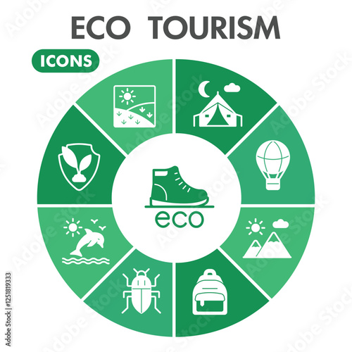 Eco tourism symbols collection or sketches. Travelling theme diagram pie in linear style signs for web and app. Vector graphics isolated on white background.
