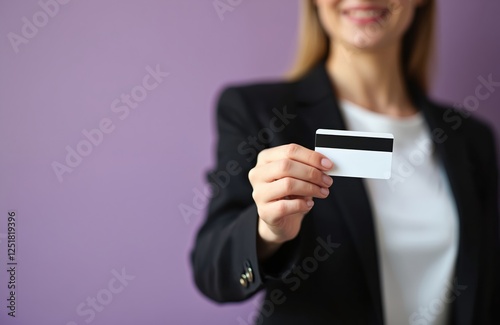 Woman holds a credit bank card for commerce. Female makes online mobile payment service. Businesswoman wears formal suit in studio. Banking operation and financial secure solutions now easy.