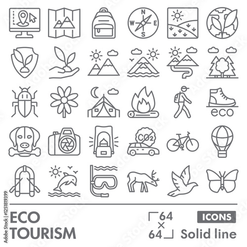 Eco tourism symbols collection or sketches. Traveling theme icons in linear style signs for web and app. Vector graphics isolated on white background. photo
