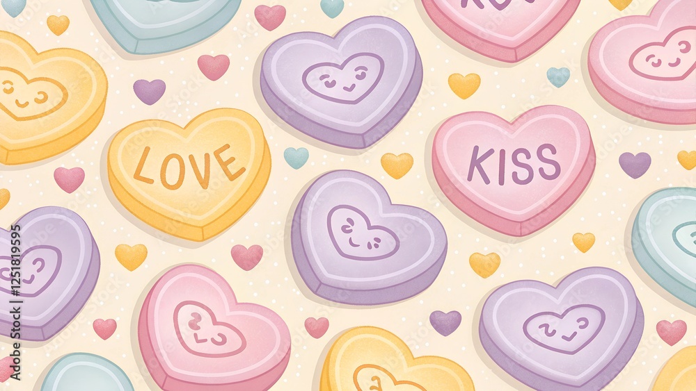 Fototapeta premium Colorful candy hearts with playful messages on a cheerful background