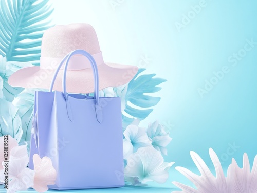 stylish blue bag and wide brimmed hat against tropical backdrop evoke chic summer vibe photo