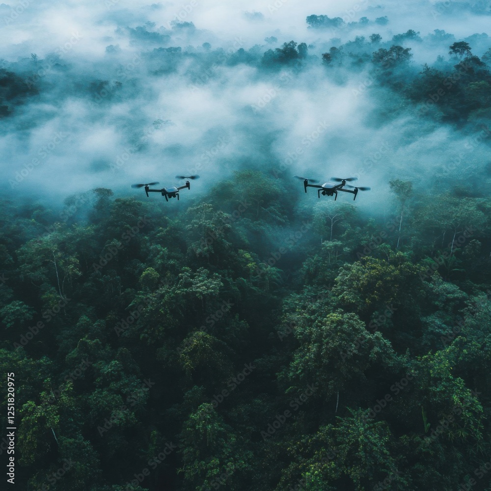 Naklejka premium Aerial View of Drones Flying Over Lush Green Forest and Fog