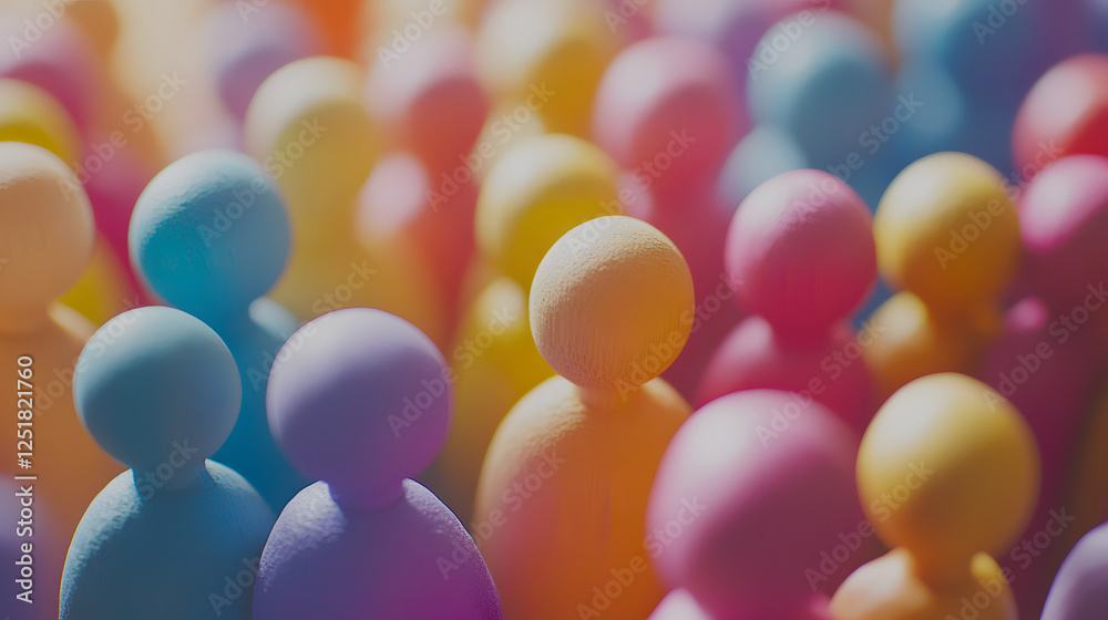 Colorful wooden toy people crowd together in a close-up shot. This image represents the concept of a human social network Colorful wooden toy people crowd together in a close-up shot. This image represents the concept of a human social network