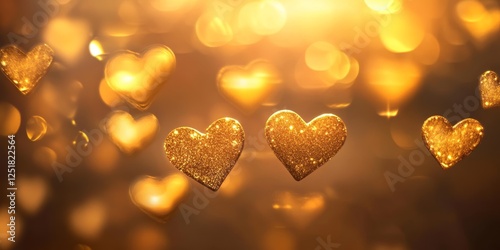 Shimmering gold hearts glowing in gentle bokeh on a soft, warm background symbolizing affection and joy photo