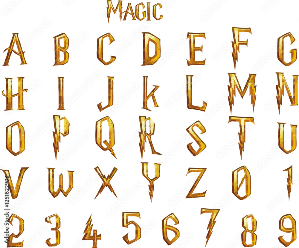 Naklejka premium Magic gold metal wizard alphabet letters