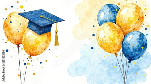 Graduation hat with tassel and Gold-Blue Balloons and Confetti on white background. Different color pastel ittustration. Theme of graduation concept