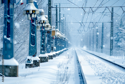 Snow covered high voltage electrical substation in Ukraine with complex wires, connections and insulators