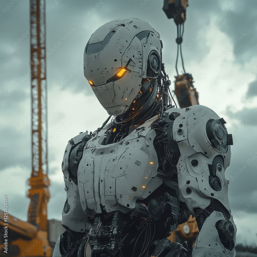 Fototapeta premium Futuristic humanoid robot standing in urban industrial area