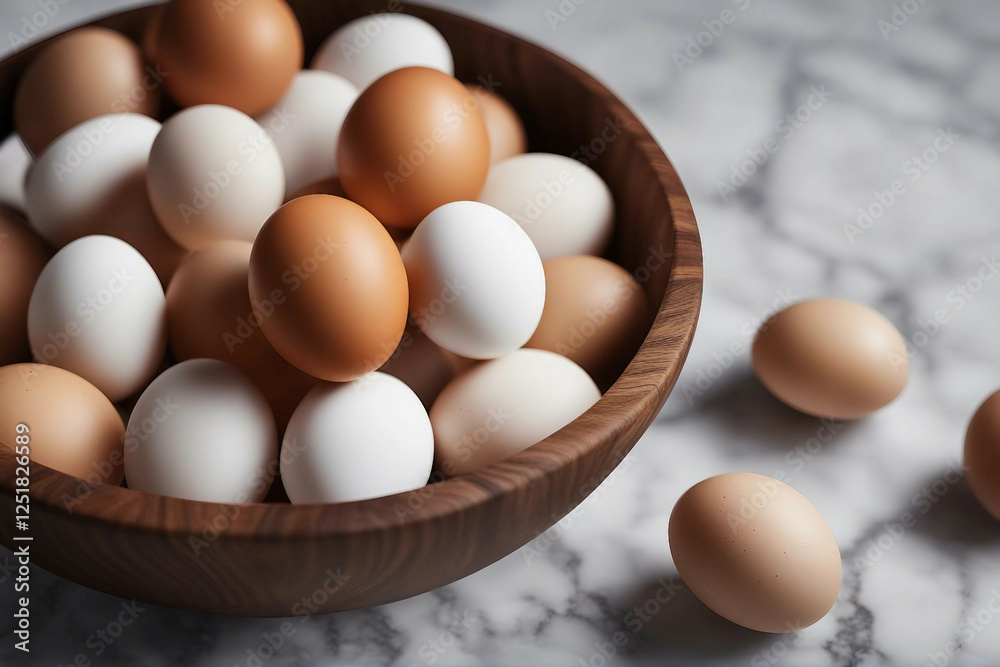 A Wooden Bowl Filled with Organic Raw Eggs, Elegantly Displayed on a Sleek Marble Surface. Generative AI A Wooden Bowl Filled with Organic Raw Eggs, Elegantly Displayed on a Sleek Marble Surface. Generative AI