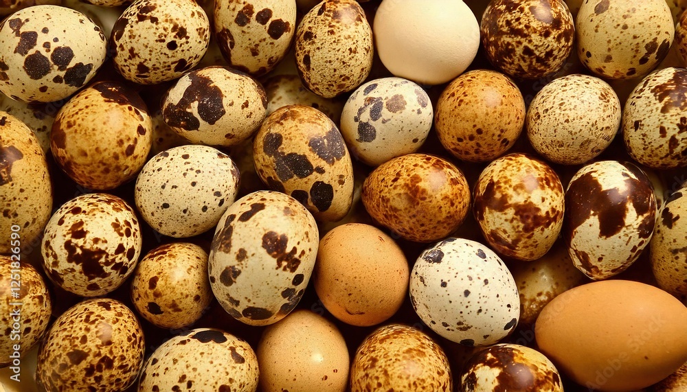 Colorful array of speckled eggs collected from various bird species displayed together Colorful array of speckled eggs collected from various bird species displayed together