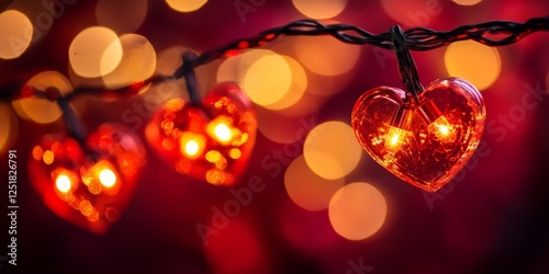 Shimmering red heart string lights glowing brightly on a warm bokeh background, creating romantic ambiance photo