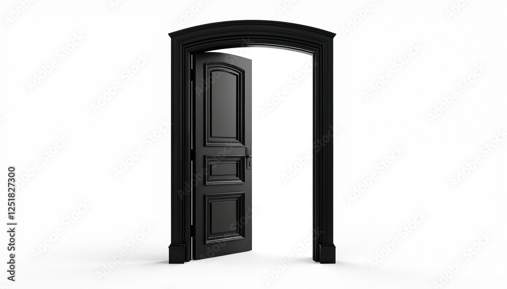 Black open door isolated on white. Interior design concept. Open doorway, arch frame. Wooden, modern style, new design, entrance to home, apartment. Symbol of change, welcome concept. Classic half Black open door isolated on white. Interior design concept. Open doorway, arch frame. Wooden, modern style, new design, entrance to home, apartment. Symbol of change, welcome concept. Classic half