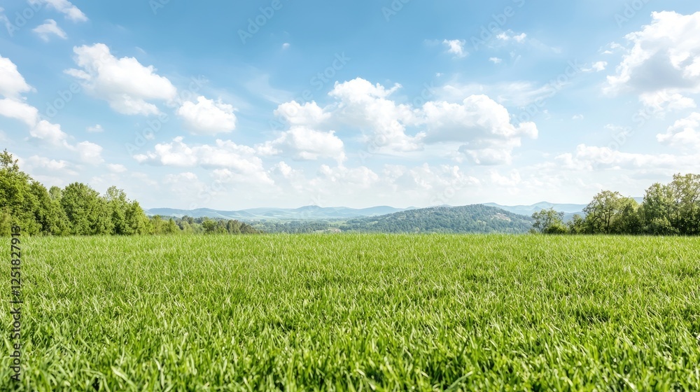 Wide green field, mountains and blue sky. Outdoor scenery, great for nature or travel use Wide green field, mountains and blue sky. Outdoor scenery, great for nature or travel use