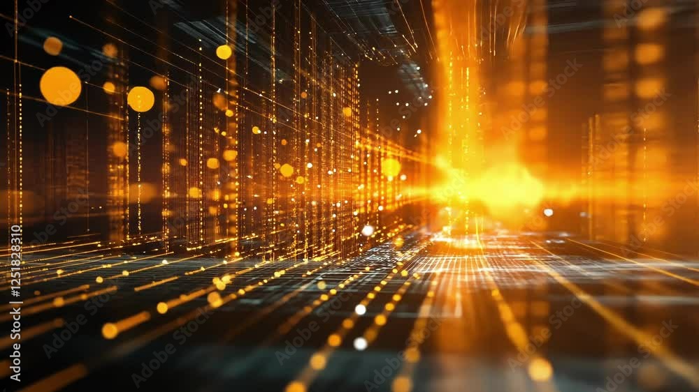 Creating an abstract digital cyberspace tunnel filled with flowing and glowing golden particles, evoking a futuristic and technological atmosphere rich in energy and motion