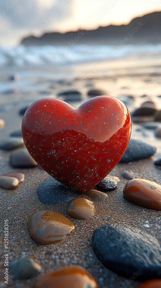 Obraz premium Heart-shaped stone on beach reflects serenity and romance in nature