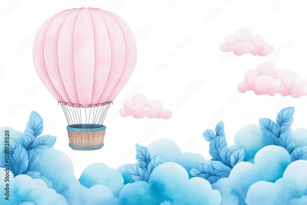 Fototapeta premium Whimsical watercolor hot air balloon floating among soft clouds and leaves