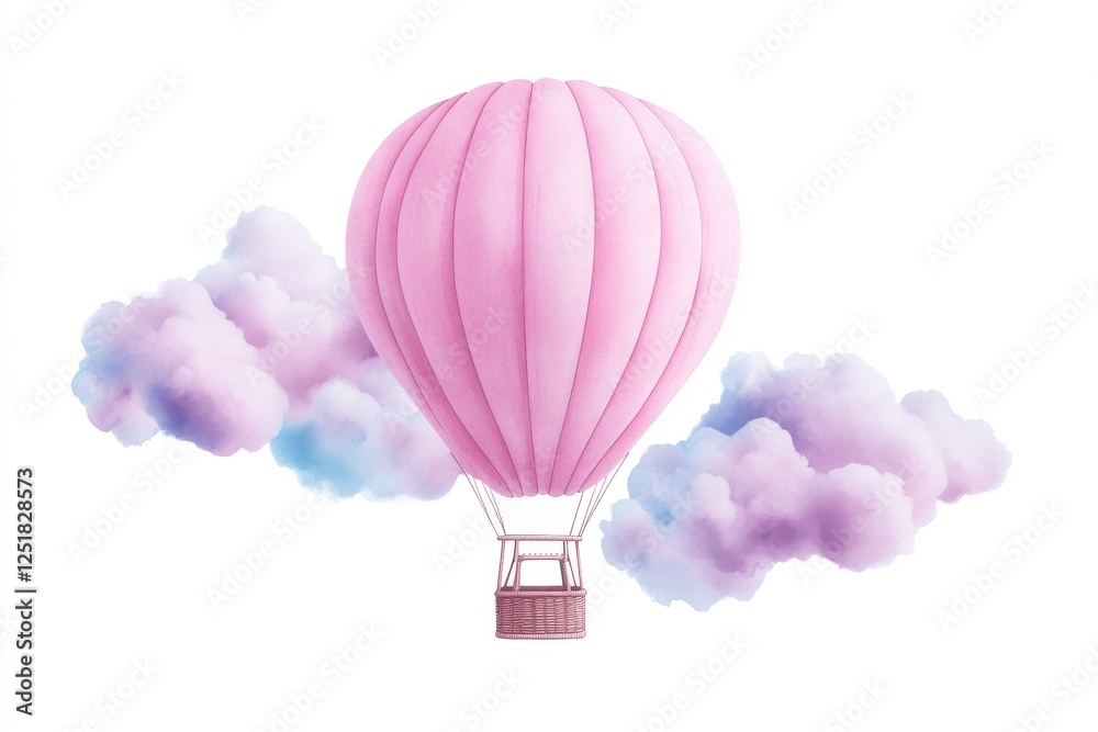 Obraz premium Whimsical watercolor hot air balloon surrounded by fluffy clouds, evoking dreamy atmosphere