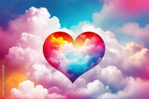 A large red heart, hovers above pastel clouds. Happy Valentine's Day banner. Holiday background design with big heart in the air.  Large colored heart in white clouds.