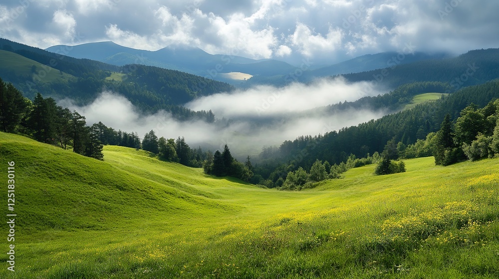 Obraz premium Scenic rolling hills and misty valleys majestic mountains nature photograph serene landscape breathtaking view tranquil beauty