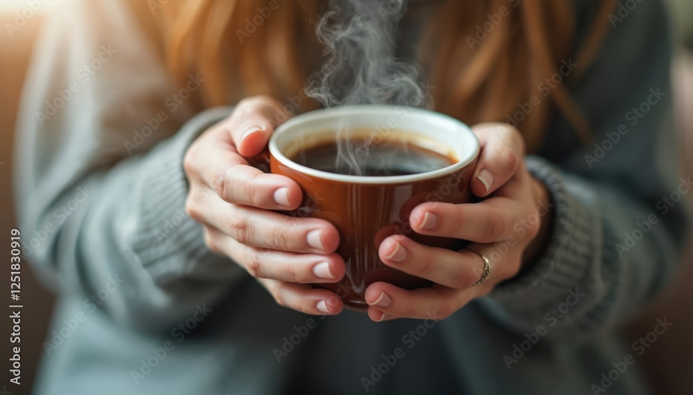 Close-up of woman holding brown steaming coffee cup with two hands in sweater. Hot dark beverage in mug warms hands. Cozy morning, relaxation drink. Pleasant coffee break. Close-up of woman holding brown steaming coffee cup with two hands in sweater. Hot dark beverage in mug warms hands. Cozy morning, relaxation drink. Pleasant coffee break.