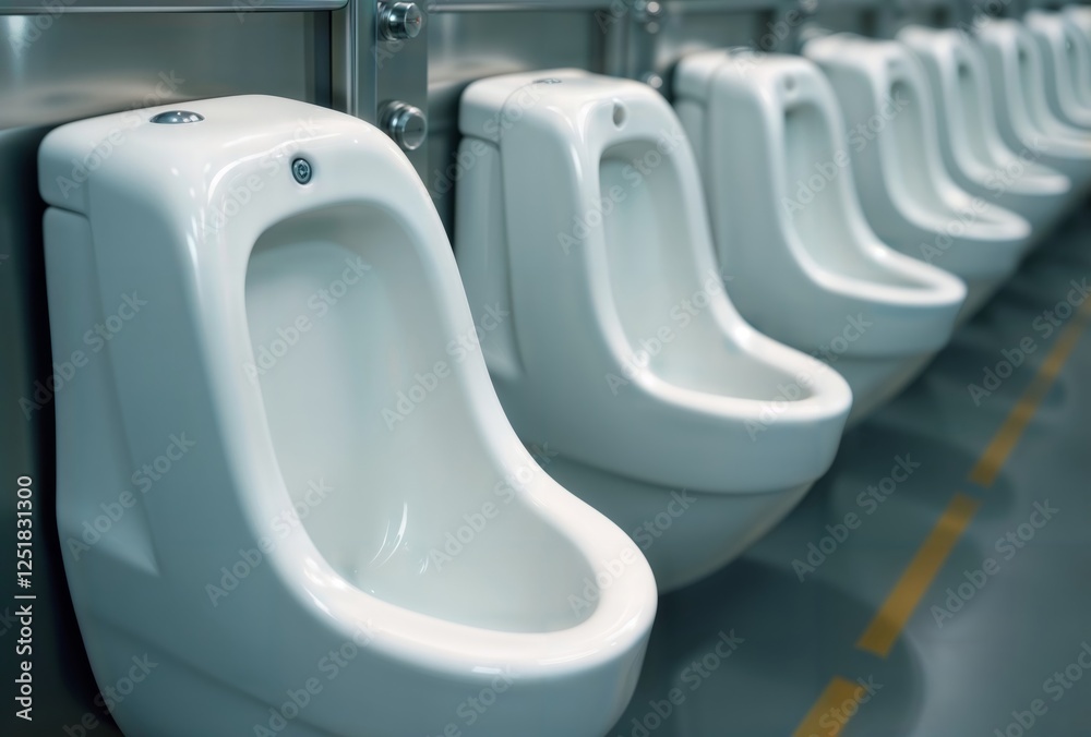 Fototapeta premium Urinals in a row. Clean white urinals in a row in a public restroom, indoor.