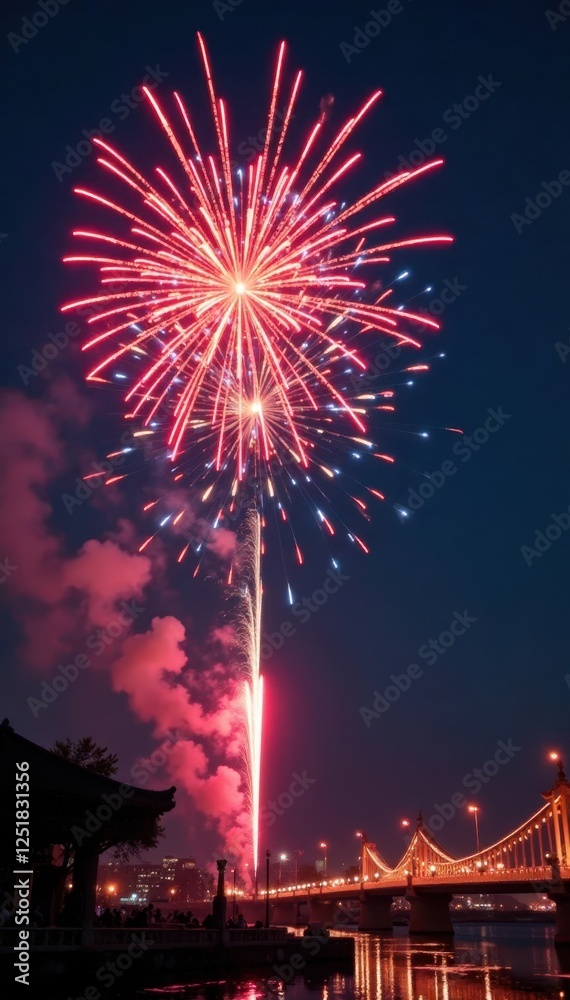 Vibrant fireworks explode, illuminating night sky during Lunar New Year celebration , night, korea Vibrant fireworks explode, illuminating night sky during Lunar New Year celebration , night, korea