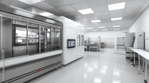 Sleek and efficient commercial laboratory interior with modern appliances shelves and organized workspace setup for scientific research medical processing or industrial development