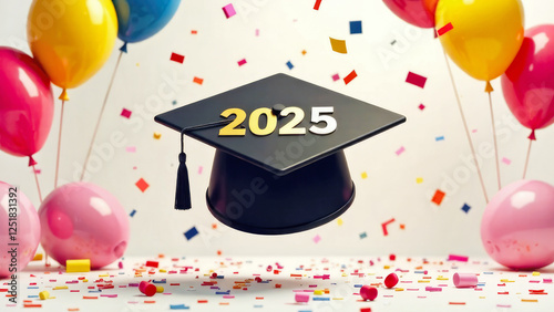 Clack graduation hat with yellow tessel on colorful baloon and confetti background . Different color pastel ittustration. With text 