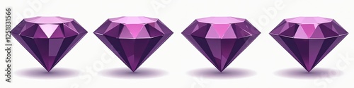 Collection of purple diamond icons. Gemstone crystals jewellery with sparkle effect. Precious clip art for logotype graphic design. Luxury symbol with assorted carat cut, valuable treasure. Shining
