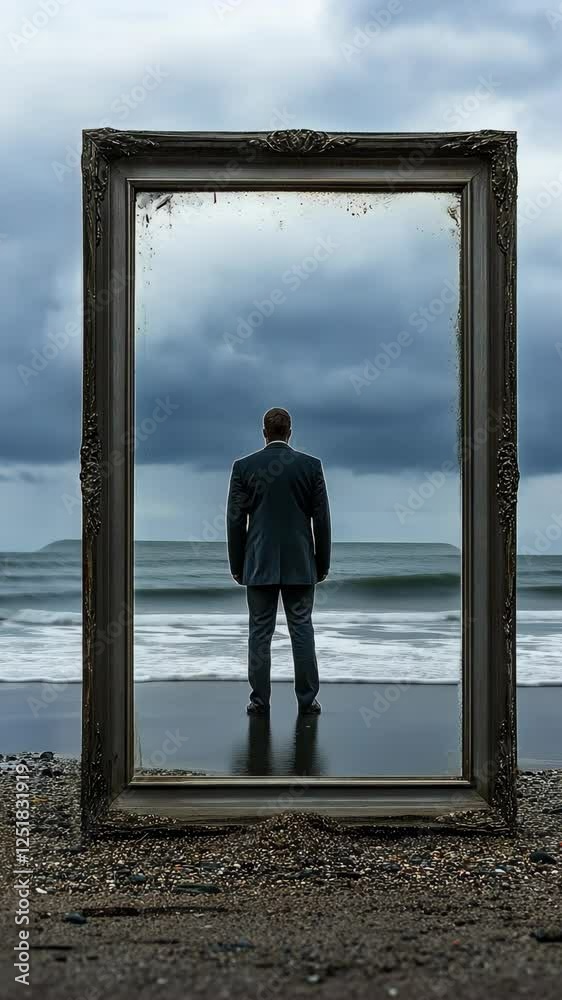 Man in suit stands before ocean waves and stormy skies framed by ornate mirror on the beach