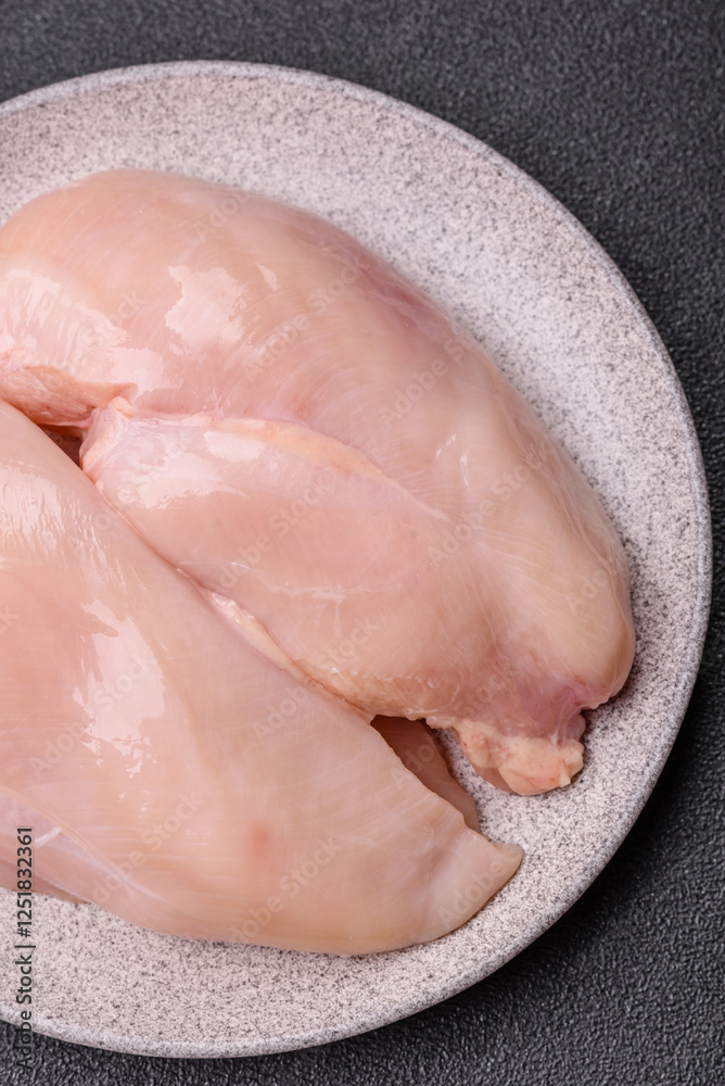 Raw chicken or turkey fillet with salt, spices and herbs Raw chicken or turkey fillet with salt, spices and herbs