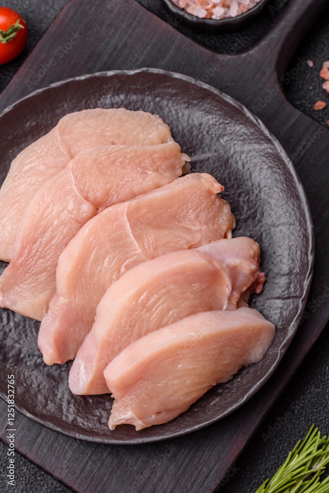 Raw chicken or turkey fillet cut into slices with salt, spices and herbs Raw chicken or turkey fillet cut into slices with salt, spices and herbs